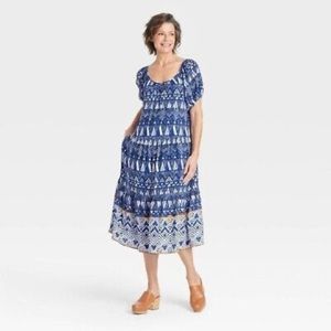 Knox Rose Blue Dress Short Sleeve Tiered Midi Ruffle Scoop Neck Size L